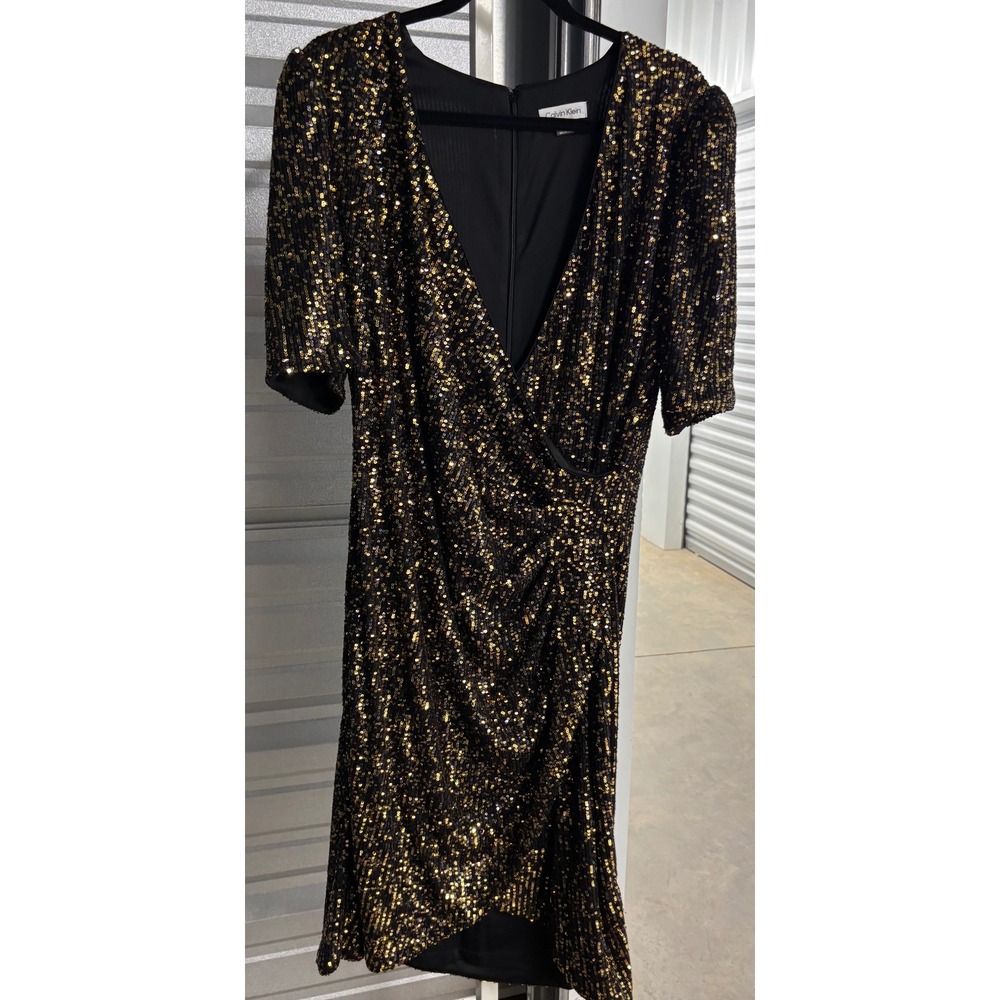 Calvin Klein Womens Gold Sequin V-Neck Wrap Cocktail Dress Black 16W